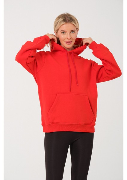 Kadın Nar Çiçeği %100 Pamuk Kordonlu Kanguru Cep Şardonlu Kapüşonlu Kordonlu Regular Fit Sweatshirt