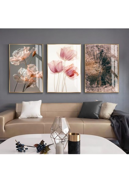 Harikabirev|pembe Rose-Gold Soyut Yaprak Çiçek Kombin |çerçeveli Cam Tablo 3lü Dikey
