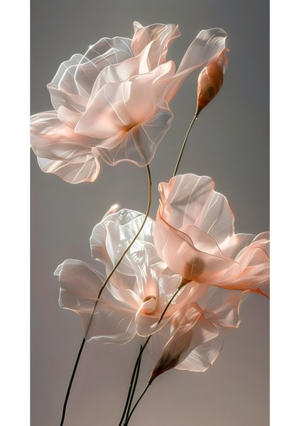 Harikabirev|pembe Rose-Gold Soyut Yaprak Çiçek Kombin |çerçeveli Cam Tablo 3lü Dikey modelleri