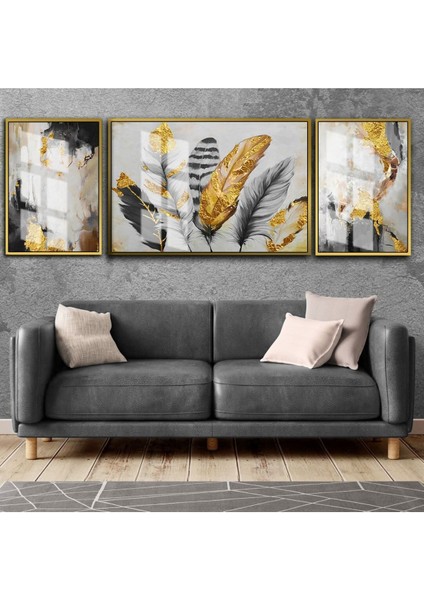 Harikabirev|siyah-Gold Kombini Tüy Soyut|çerçeveli Temperli Cam Tablo