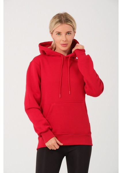 Kadın Kırmızı %100 Pamuk Kordonlu Kanguru Cep Şardonlu Kapüşonlu Kordonlu Regular Fit Sweatshirt