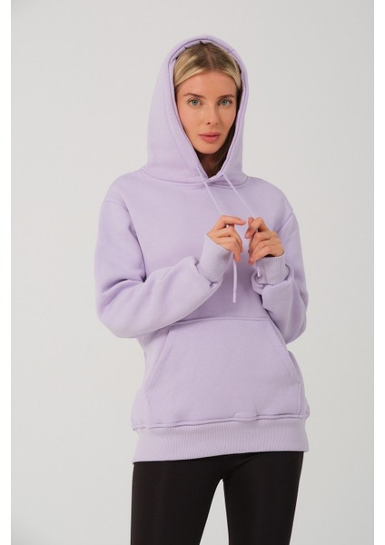 Kadın Lila %100 Pamuk Kordonlu Kanguru Cep Şardonlu Kapüşonlu Kordonlu Regular Fit Sweatshirt