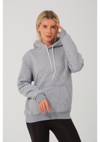 Kadın Gri Melanj %100 Pamuk Kordonlu Kanguru Cep Şardonlu Kapüşonlu Kordonlu Regular Fit Sweatshirt