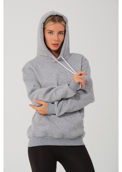 Kadın Gri Melanj %100 Pamuk Kordonlu Kanguru Cep Şardonlu Kapüşonlu Kordonlu Regular Fit Sweatshirt