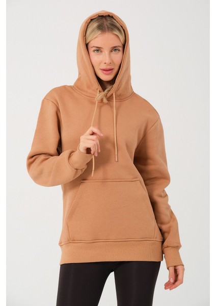 Kadın Camel %100 Pamuk Kordonlu Kanguru Cep Şardonlu Kapüşonlu Kordonlu Regular Fit Sweatshirt