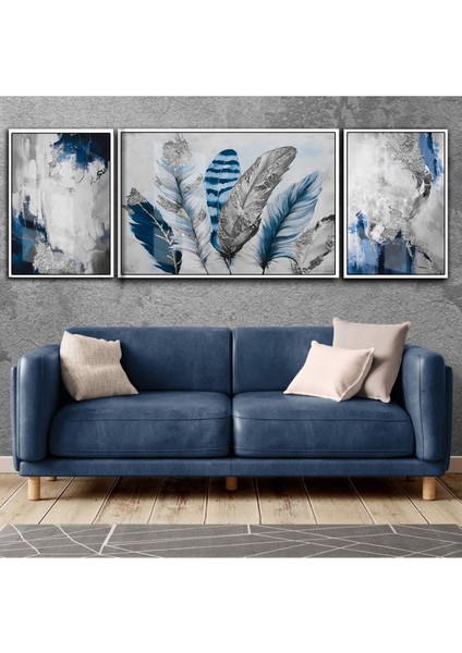 |lacivert-Gri Kombini Tüy Soyut|çerçeveli Temperli Cam Tablo 3lü Yatay