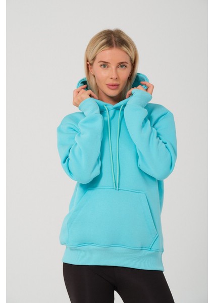 Kadın Mint Mavi %100 Pamuk Kordonlu Kanguru Cep Şardonlu Kapüşonlu Kordonlu Regular Fit Sweatshirt