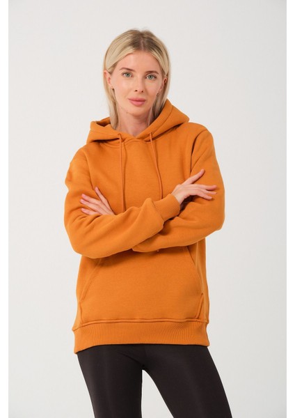 Kadın Tütün %100 Pamuk Kordonlu Kanguru Cep Şardonlu Kapüşonlu Kordonlu Regular Fit Sweatshirt