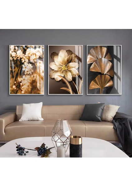 Harikabirev|siyah-Gold Renk Sevilen Çiçek ve Yaprak Kombin |çerçeveli Cam Tablo 3lü Dikey