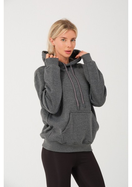 Kadın Antrasit %100 Pamuk Kordonlu Kanguru Cep Şardonlu Kapüşonlu Kordonlu Regular Fit Sweatshirt