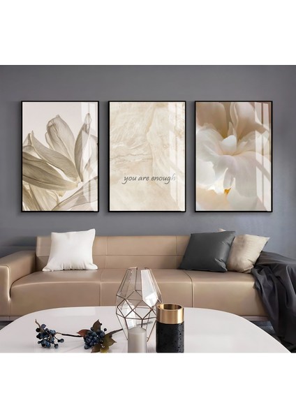 Harikabirev|krem-Gold-Beyaz Renk Soft Çiçek ve Soyut Kombin |çerçeveli Cam Tablo 3lü Dikey