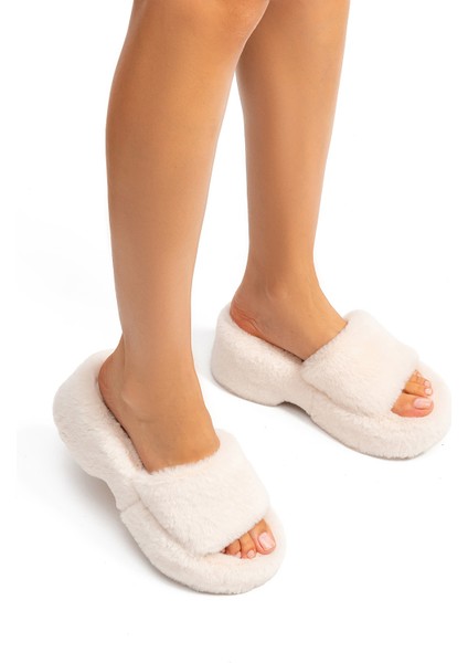 Lili Peluş Kadın Topuklu Ev Terliği Bej 36/40