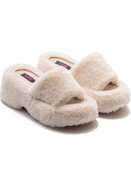 Lili Peluş Kadın Topuklu Ev Terliği Bej 36/40