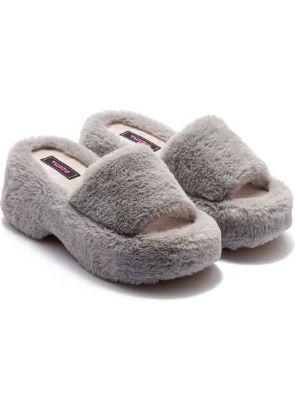 Lili Peluş Kadın Topuklu Ev Terliği Gri 36/40