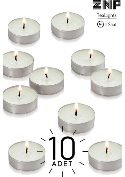 10 Adet | Yasemin Kokulu Tealight Mum | 4 Saat Yanar | Dekoratif Mumluk Mumu