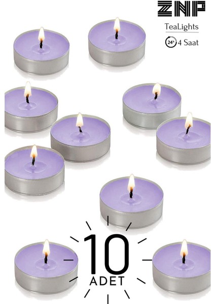 10 Adet | Lavanta Kokulu Tealight Mum | 4 Saat Yanar | Dekoratif Mumluk Mumu