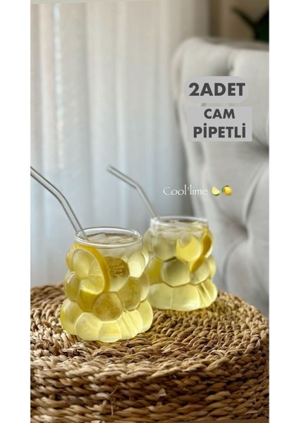 Soğuk ve Sıcak Kahve Sunum Bardağı 2 Adet Üzüm Model Pinterest Bardak + Cam Pipetli