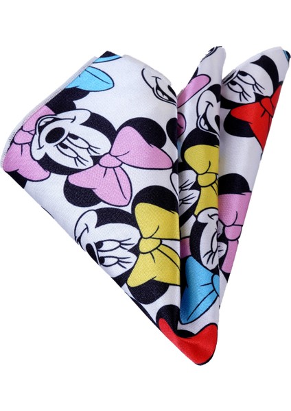Beyaz Üzerine Renkli Mickey Mouse Baskılı Pes Yaka Cep Mendili