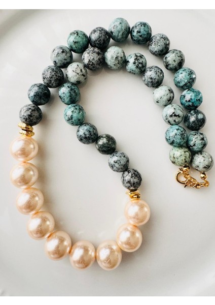 Incili 12 mm Mavi Doğal Taş Kolye modelleri