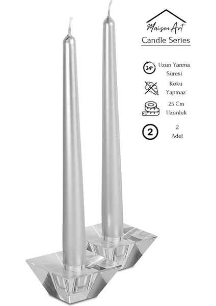 Şamdan Mumu | 2 Adet | Parlak Metalik Silver Gri Renk Konik Şamdan Mumu