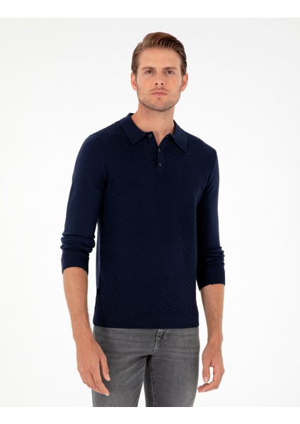 Erkek Lacivert Slim Fit Düğmeli Polo Yaka Triko Kazak 50300521-VR033