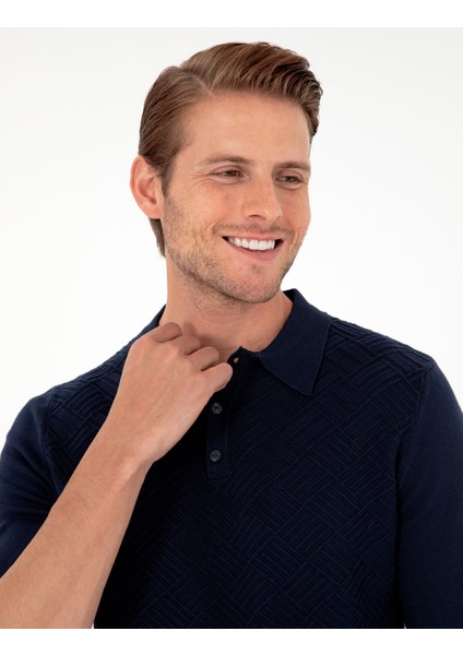 Erkek Lacivert Slim Fit Düğmeli Polo Yaka Triko Kazak 50300521-VR033 fiyatları