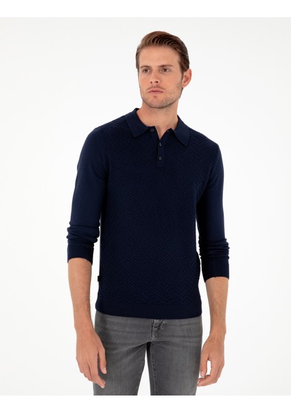 Erkek Lacivert Slim Fit Düğmeli Polo Yaka Triko Kazak 50300521-VR033 modelleri