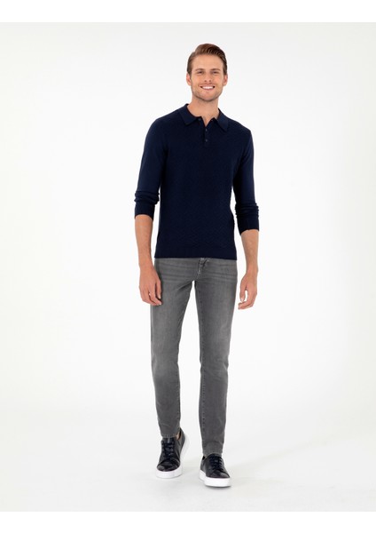 Erkek Lacivert Slim Fit Düğmeli Polo Yaka Triko Kazak 50300521-VR033 fırsatları