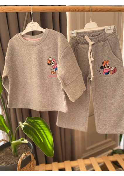 aden Minnie Nakışlı Yandan Cepli Sırt Baskı Oversıze Sweat Ispanyol Paça Kız Çocuk Okul Eşofman