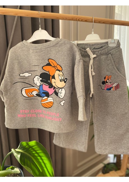 aden Minnie Nakışlı Yandan Cepli Sırt Baskı Oversıze Sweat Ispanyol Paça Kız Çocuk Okul Eşofman