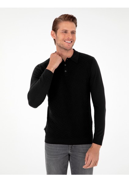 Erkek Siyah Slim Fit Düğmeli Polo Yaka Triko Kazak 50300521-VR046 modelleri