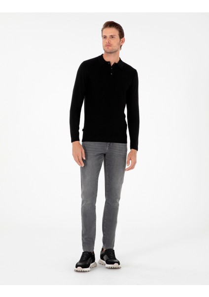 Erkek Siyah Slim Fit Düğmeli Polo Yaka Triko Kazak 50300521-VR046 fırsatları