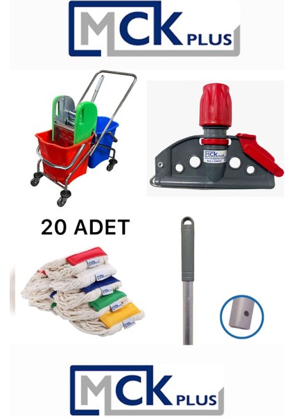 Çift Kovalı Paspas Arabası ve 20'li Islak Mop Seti, Kırmızı ve Mavi Renkli