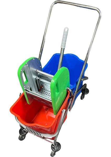 Çift Kovalı Paspas Arabası ve 20'li Islak Mop Seti, Kırmızı ve Mavi Renkli fırsatları