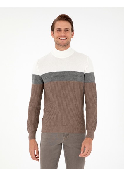 Erkek Vizon Melanj Slim Fit Yarım Balıkçı Yaka Triko Kazak 50300526-VR174