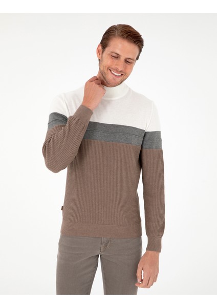 Erkek Vizon Melanj Slim Fit Yarım Balıkçı Yaka Triko Kazak 50300526-VR174 modelleri