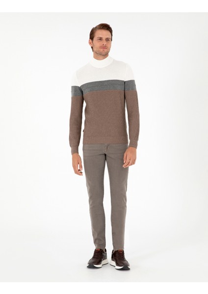 Erkek Vizon Melanj Slim Fit Yarım Balıkçı Yaka Triko Kazak 50300526-VR174 fırsatları