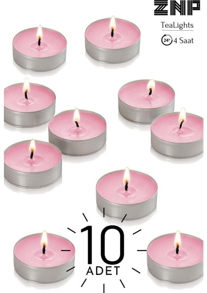 10 Adet | Gül Kokulu Tealight Mum | 4 Saat Yanar | Dekoratif Mumluk Mumu