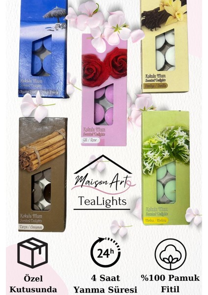 10 Adet | Gül Kokulu Tealight Mum | 4 Saat Yanar | Dekoratif Mumluk Mumu