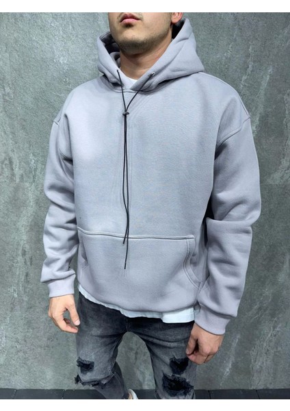 Erkek Açık Gri Trend Kapüşonlu Sweatshirt