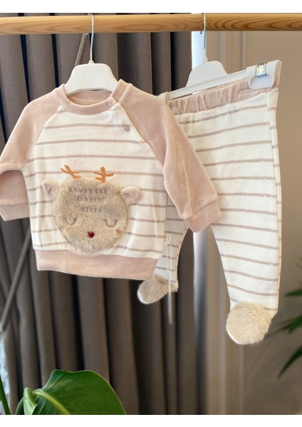 Babyaden Peluş Geyikli Cep / Kar Tanesi Nakışlı Yeni Yıl Noel Yılbaşı Erkek Bebek Kadife Tulum Takım