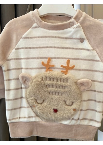 Babyaden Peluş Geyikli Cep / Kar Tanesi Nakışlı Yeni Yıl Noel Yılbaşı Erkek Bebek Kadife Tulum Takım modelleri