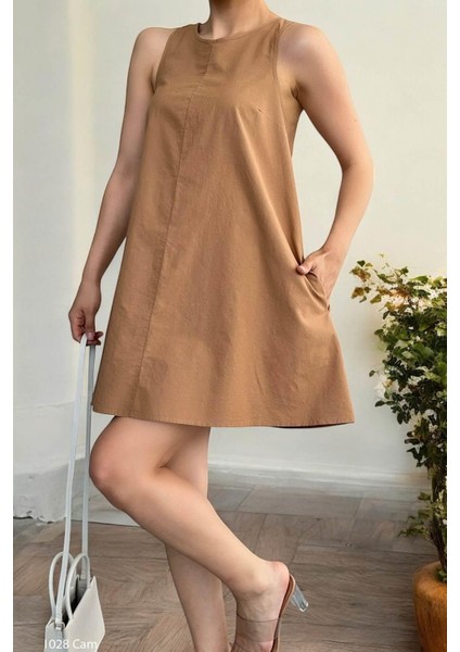Kadın Halter Yaka Mini Boy Camel Elbise