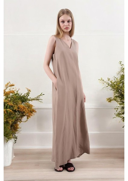 Kadın Lastik Askılı V Yaka Keten Elbise fiyatları