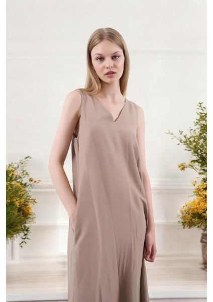 Kadın Lastik Askılı V Yaka Keten Elbise fırsatları