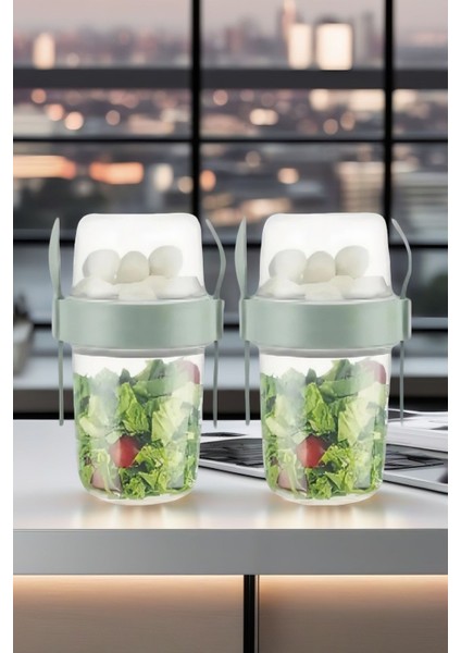 2 Adet Diyet & Kahvaltı Için Çatal & Kaşıklı Kapaklı Yoğurt Müsli Salata Meyve Saklama Kabı - 800 ml