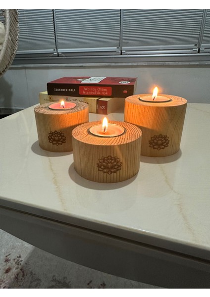 Lotus Çiçeği Desenli Mumluk 3'lü Set (Katran Ağacı)
