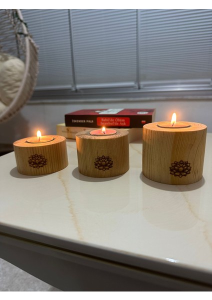 Lotus Çiçeği Desenli Mumluk 3'lü Set (Katran Ağacı)