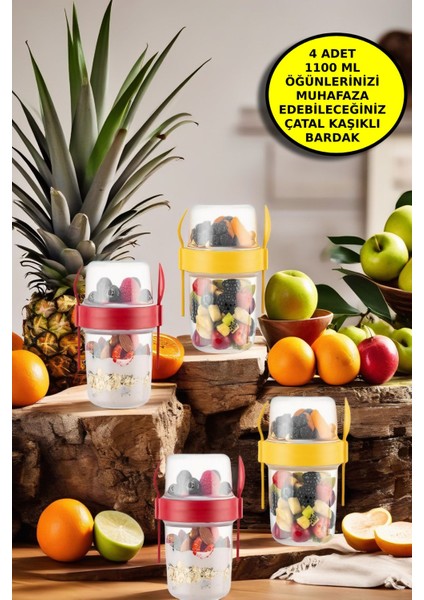 4 Adet Diyet & Kahvaltı Için Çatal & Kaşıklı Kapaklı Yoğurt Müsli Salata Meyve Saklama Kabı - 1100ML