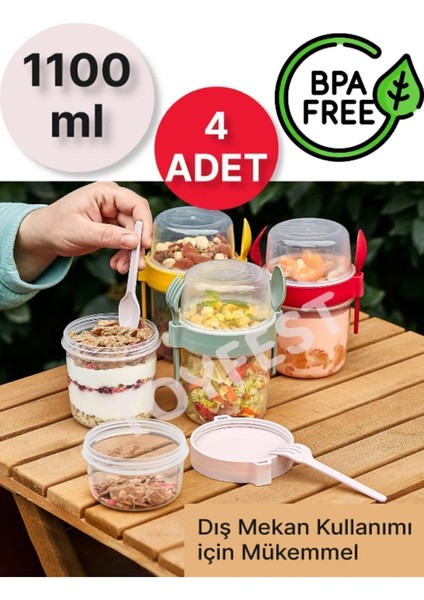 4 Adet Diyet & Kahvaltı Için Çatal & Kaşıklı Kapaklı Yoğurt Müsli Salata Meyve Saklama Kabı - 1100ML